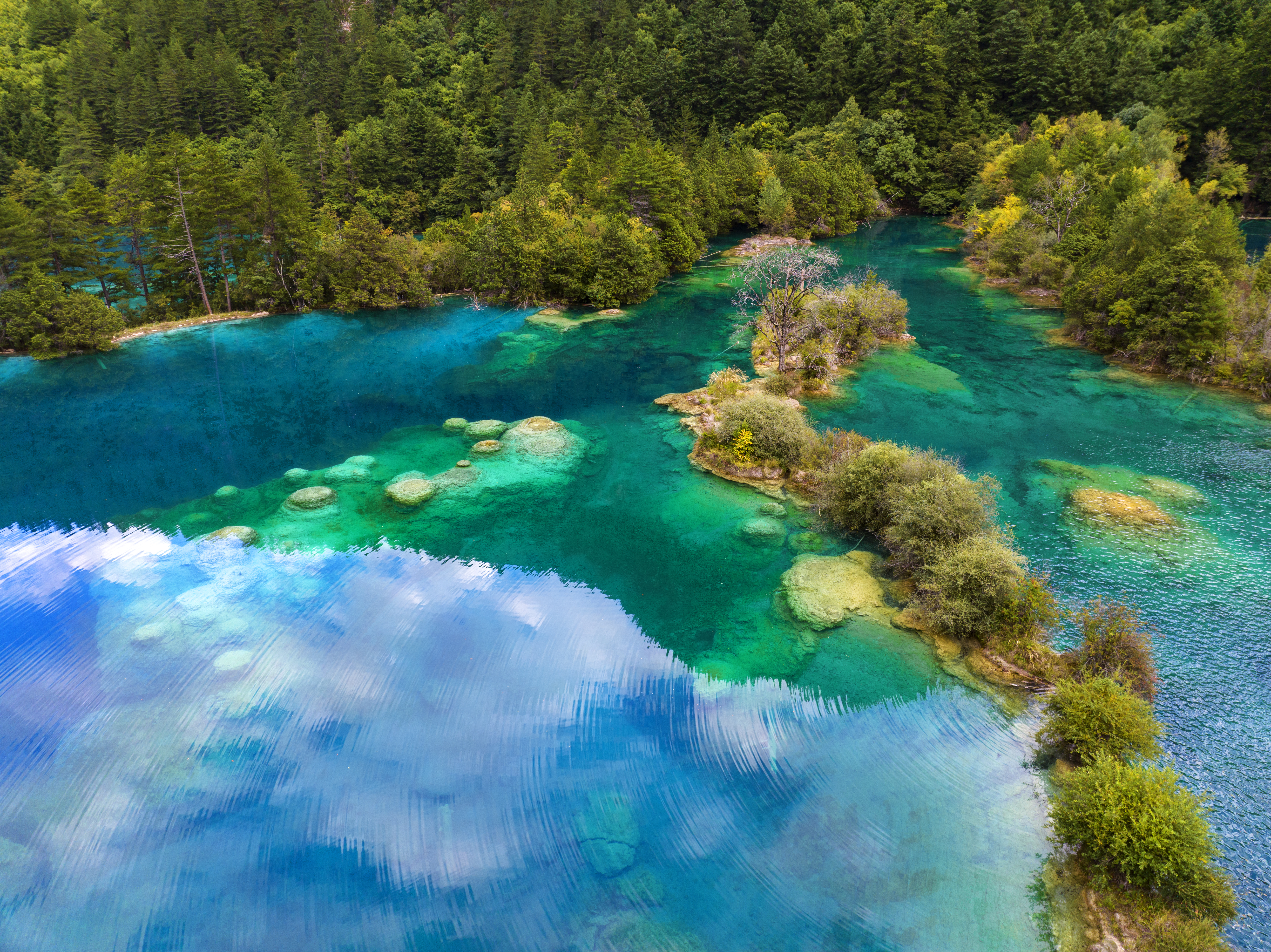 火花海钙华堤埂2022年9月28日拍拍摄于九寨沟景区火花海景点为了全面展现火花海全貌及钙华堤埂采用了高空航拍 摄影桑吉.jpg