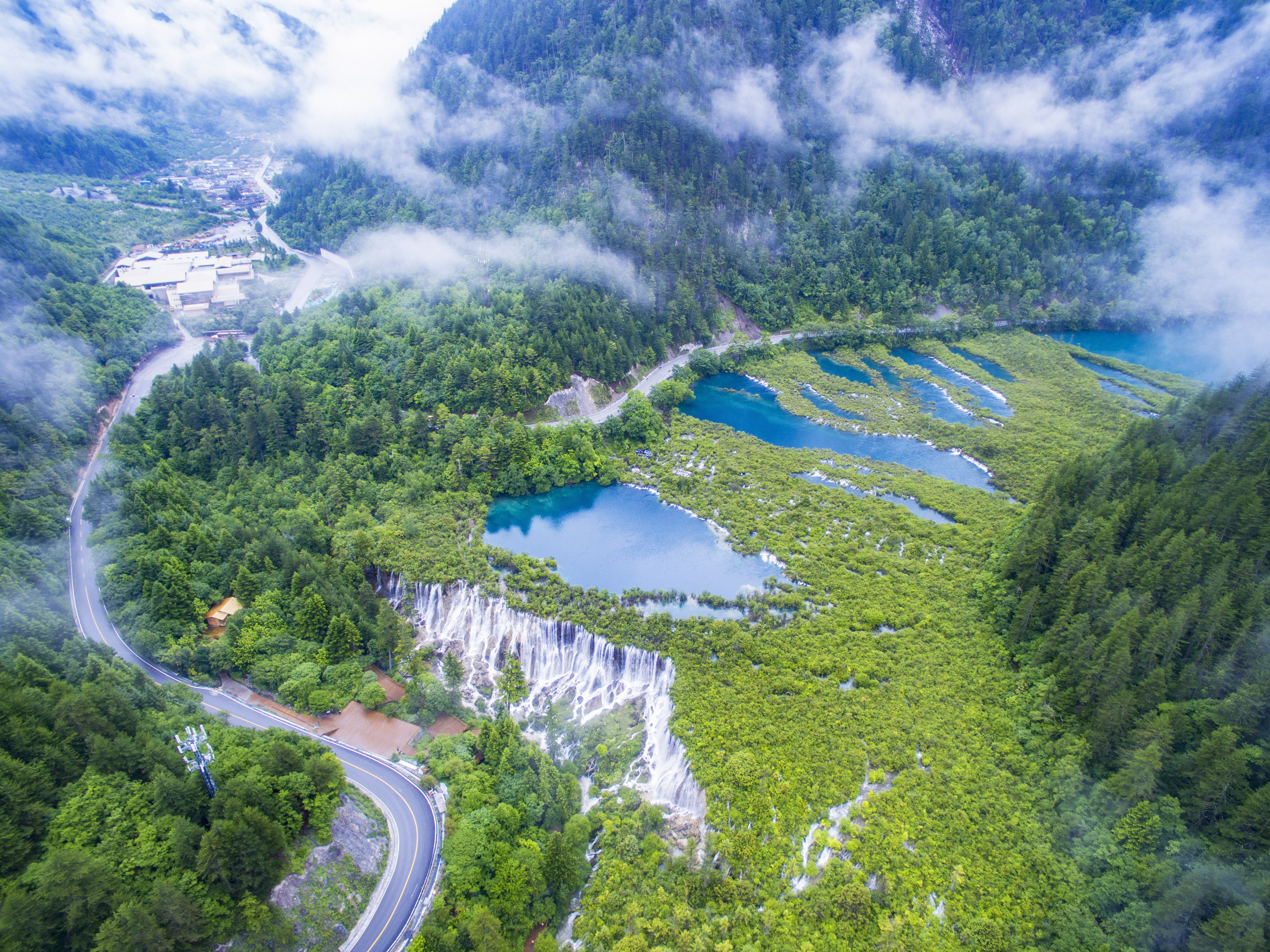 诺日朗群海航拍 拍摄时间为2019年6月25日拍拍摄于九寨沟景区诺日朗瀑布 为了全面展现九寨沟诺日朗群海及瀑布全景采用高空航拍，体现了九寨沟梯湖叠瀑典型景观特色   摄影桑吉.jpg